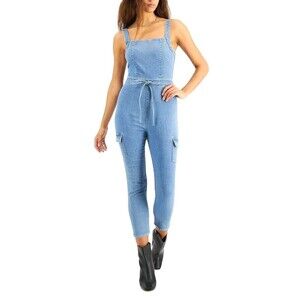 TInseltown Women's Junior Cargo Jumpsuit Belted Jeans Cropped Light Wash Size L